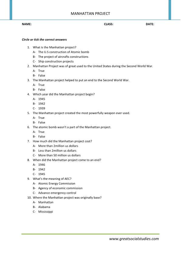 What is the Manhattan project, work sheet, Manhattan project facts